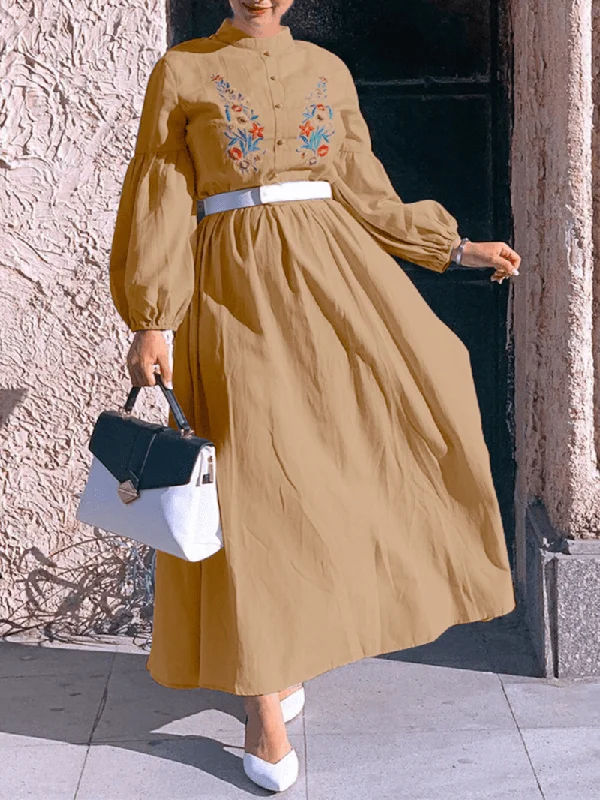 Women Lantern Sleeve Stand Collar Embroidery Pleats Long Sleeve Ankle Length Maxi Dresses Earthy Women's 