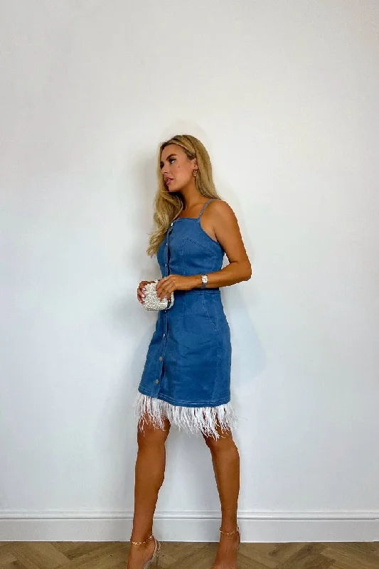 Kands London Denim Feather Detail Dress Monochromatic Office Style