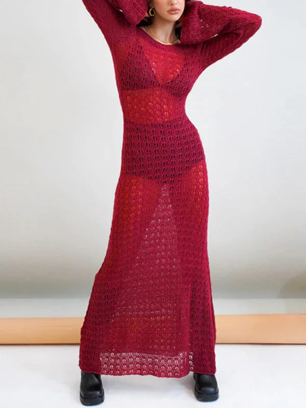 Crochet Hollow Backless Long Sleeve Cover Up Maxi Dress Sporty Women's Tennis