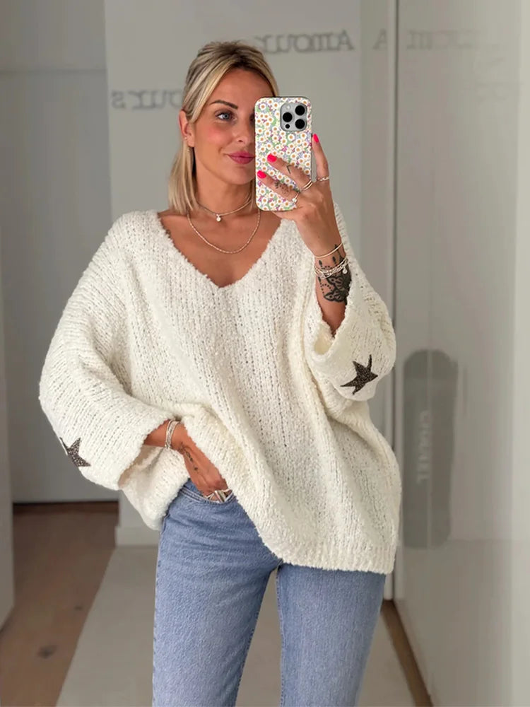 Fashion White Cuff Stars Graphic Loose Women Elegant V-neck Long Sleeves Warm Sweater Bohemian Women's Free Fashion White Cuff Stars Graphic Loose Women Elegant V-neck Long Sleeves Warm Sweater Bohemian Women's Free