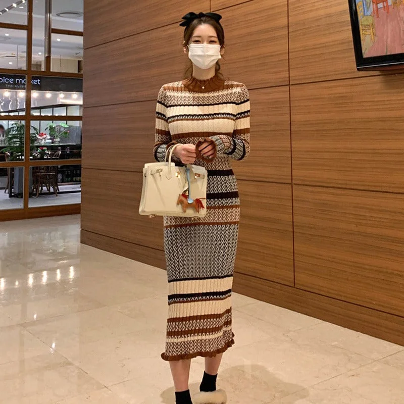 Striped Long Sleeves Midi Sweater Dress Geometric