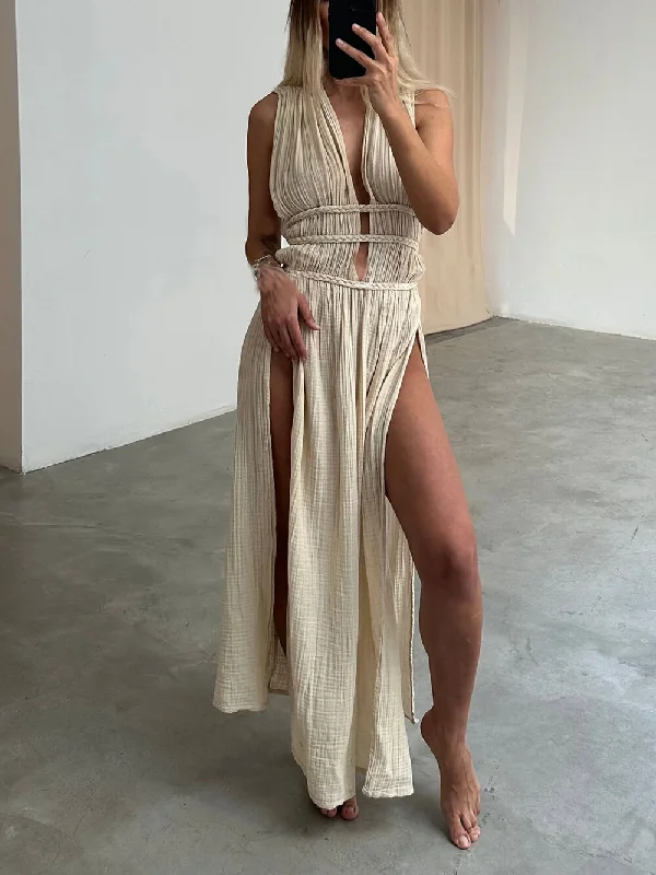 Boho Braids Belt Cutout Graceful Slit Kaftan Maxi Dress Traditional Women's Wool