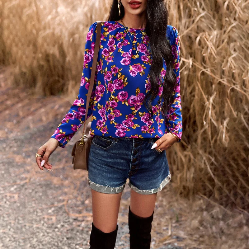 Fashion Printed Pleated Round Neck Long Sleeve Top Wholesale Womens Tops Artistic Women's Hand - painted