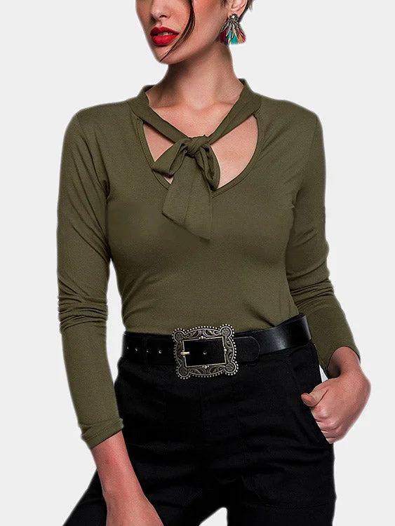 Custom V-Neck Long Sleeves Self-tie Design T-shirt Confident Women's High - fashion