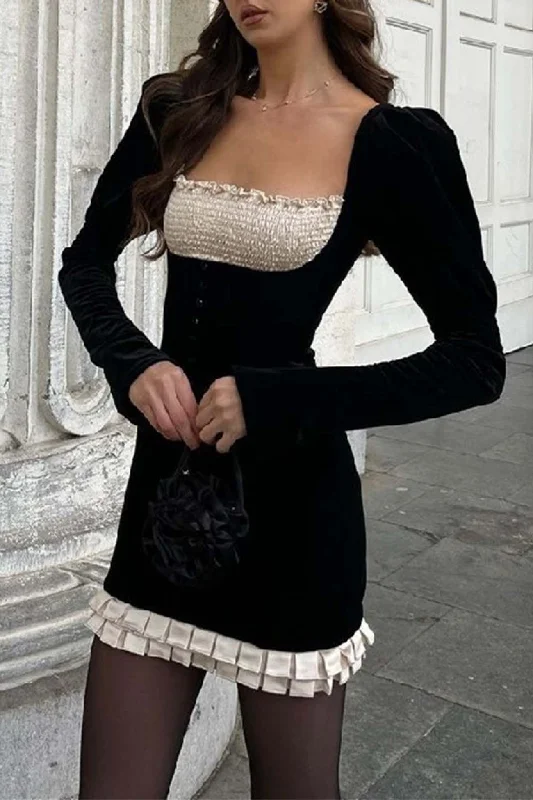 Contrast Patchwork Pleated Bodycon Dress Cool Women's Distressed