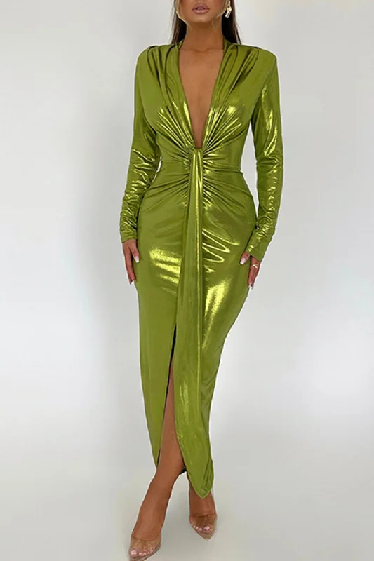 Glossy V Neck Ruched Slit Dress performance