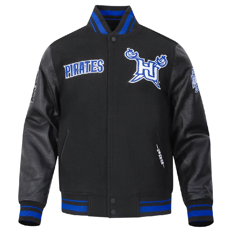 NCAA HAMPTON UNIVERSITY CLASSIC MEN'S RIB WOOL VARSITY JACKET (BLACK/ROYAL BLUE/BLACK) Bold Women's Statement
