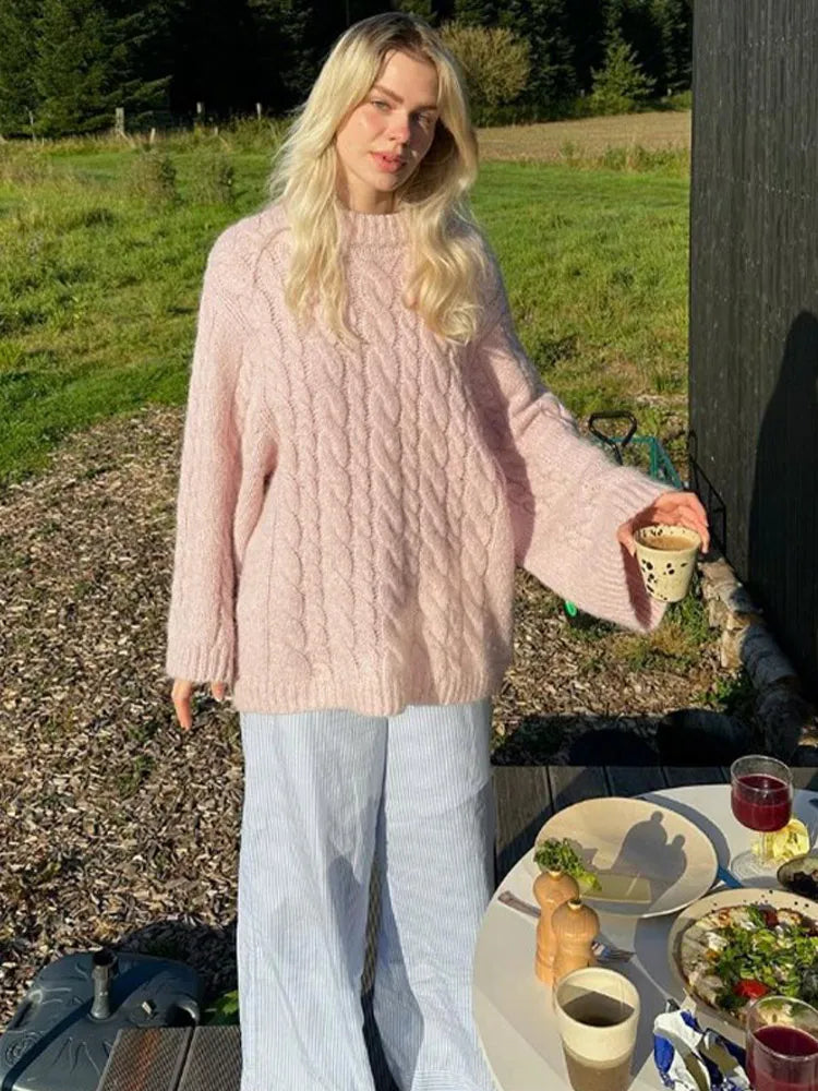 Elegant Sweet Pink Round Neck Knitted Women Casual Long Sleeve Loose Warm Sweater Casual Women's Japanese Elegant Sweet Pink Round Neck Knitted Women Casual Long Sleeve Loose Warm Sweater Casual Women's Japanese