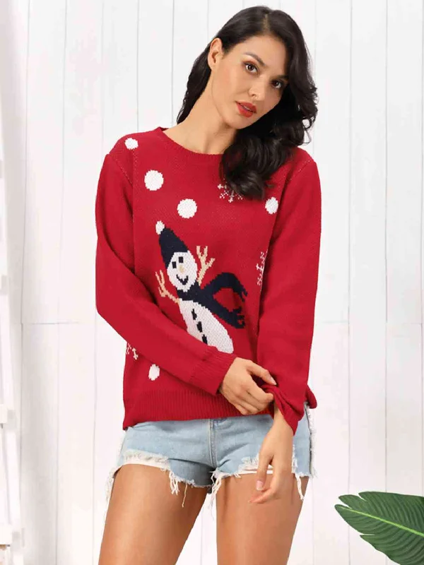 Snowman Round Neck Sweater Laid - back Women's Vibe