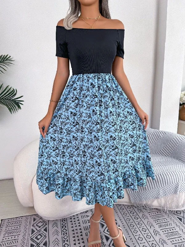 Printed Off-Shoulder Ruffle Hem Dress Elegant Women's 