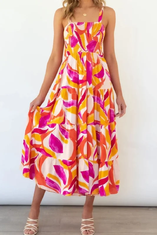 Printed Smocked Square Neck Tiered Sleeveless Dress French