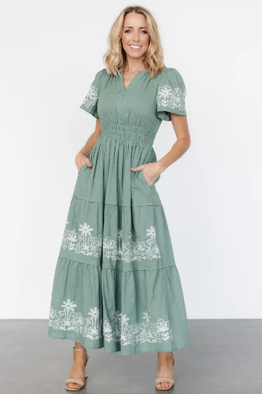 Kennedy Embroidered Maxi Dress | Dark Sage Compression