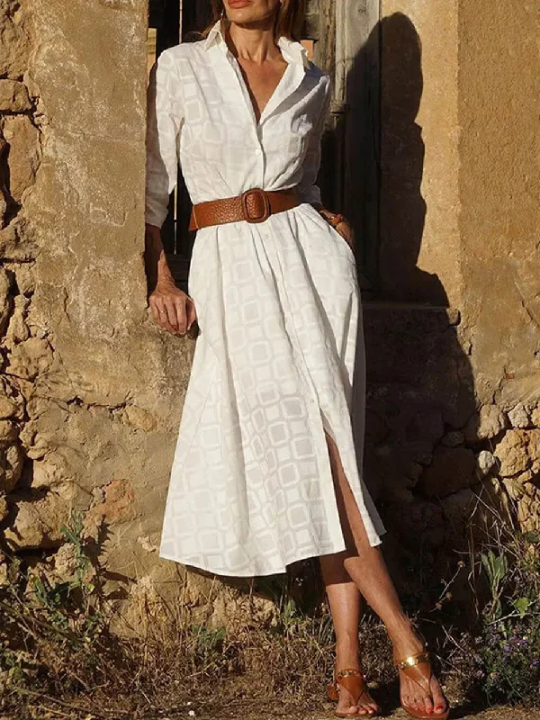 Check Print Belt Button Graceful Pocket Long Sleeve Midi Dress Vintage Women's 1970S Check Print Belt Button Graceful Pocket Long Sleeve Midi Dress Vintage Women's 1970S