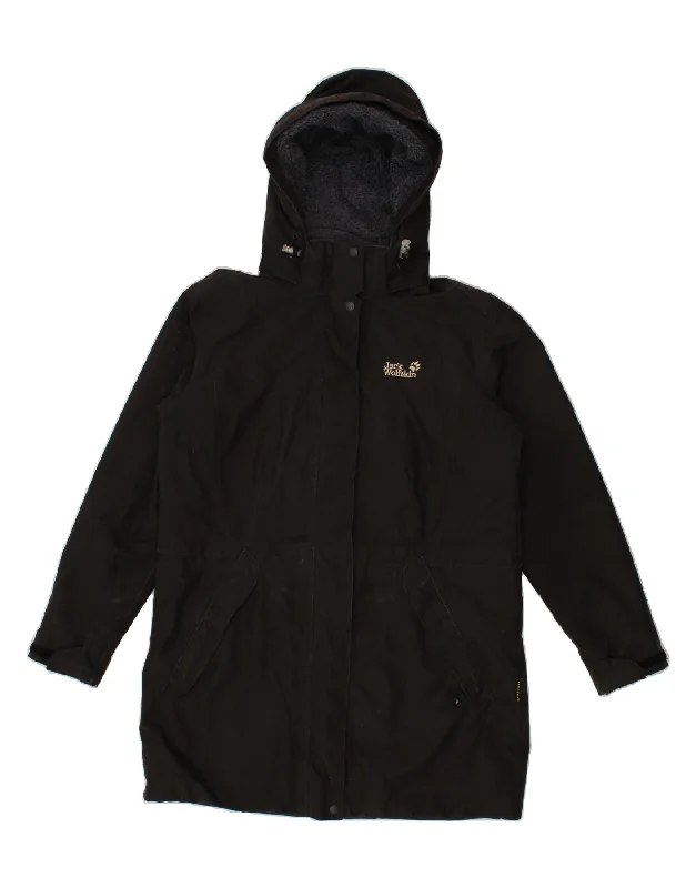 JACK WOLFSKIN Womens Hooded Windbreaker Coat UK 16 Large Black Polyester Cozy Women's Sherpa - lined