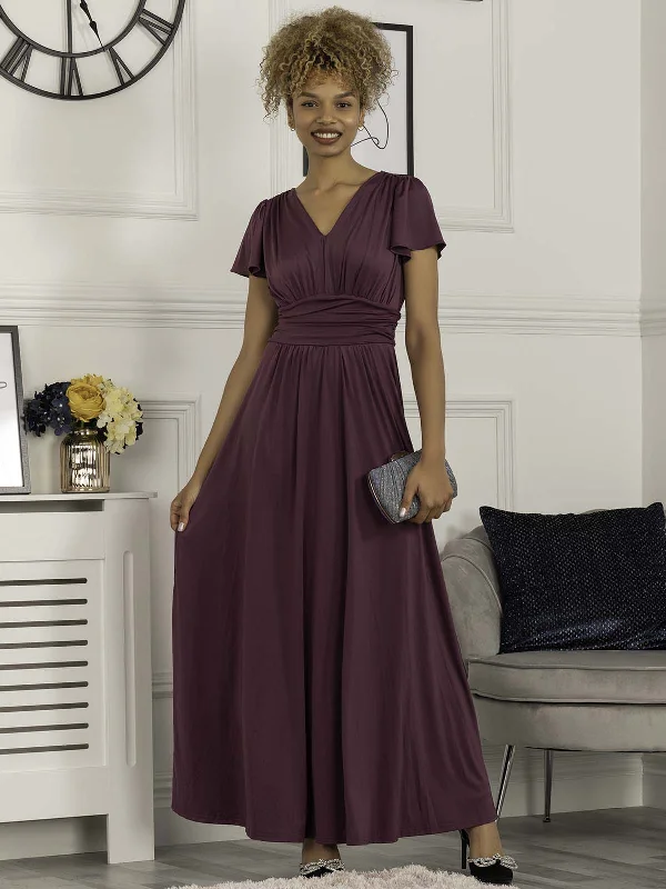 Cap Sleeve Jersey Maxi Dress , Dark Purple Stylish Women's Tropical 