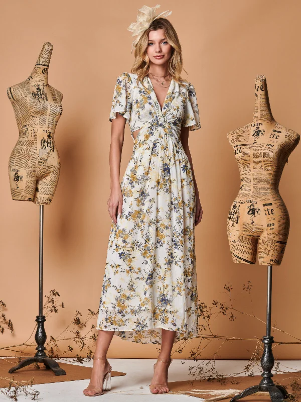 Plunge Neckline Keyhole Chiffon Maxi Dress, Cream Floral Cool Women's Skate