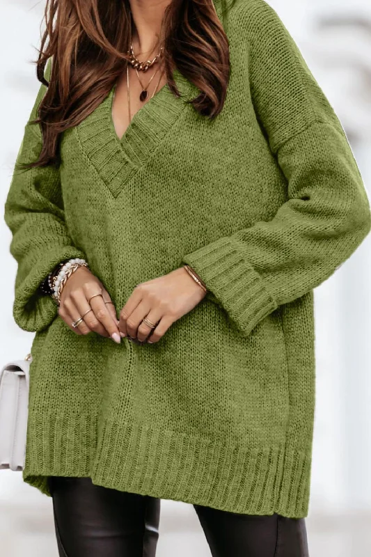 V-Neck Dropped Shoulder Sweater Cozy Women's Winter