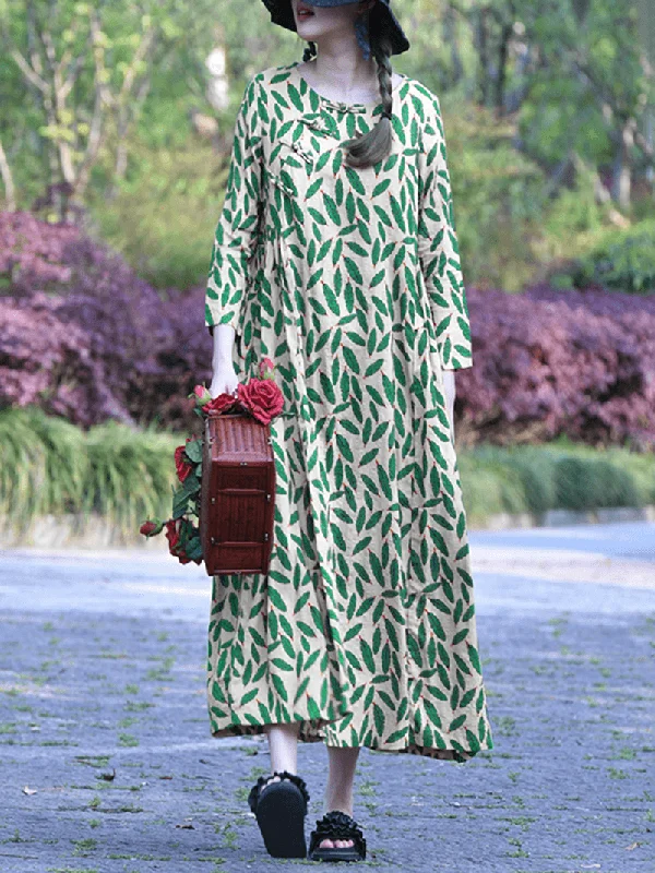Leaf Print Side Frog Button 3/4 Sleeve Casual Maxi Dresses for Women Country