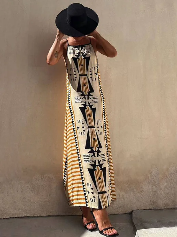 Ethnic Print Backless Charming A-line Maxi Dress Relaxed Women's 