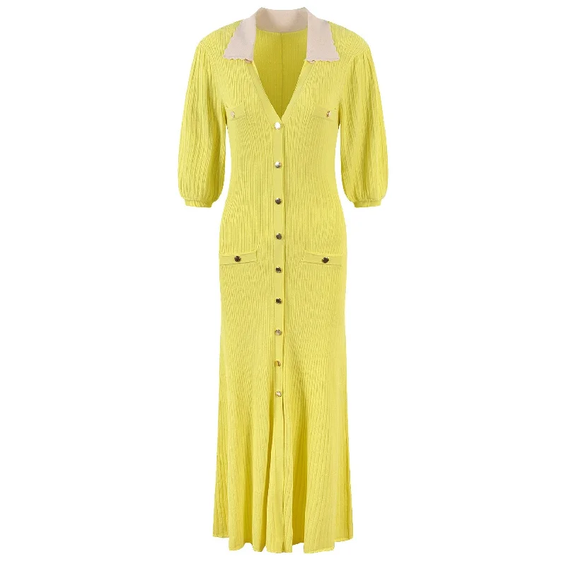 Contrast Collared Deep V-neck Button Down Knit Dress Youthful Women's Anime - inspired Contrast Collared Deep V-neck Button Down Knit Dress Youthful Women's Anime - inspired