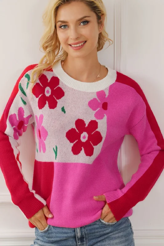 Flower Color Block Round Neck Sweater Bold Women's Statement