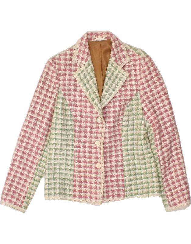 VINTAGE Womens 3 Button Blazer Jacket UK 14 Medium Pink Houndstooth Edgy Women's Punk