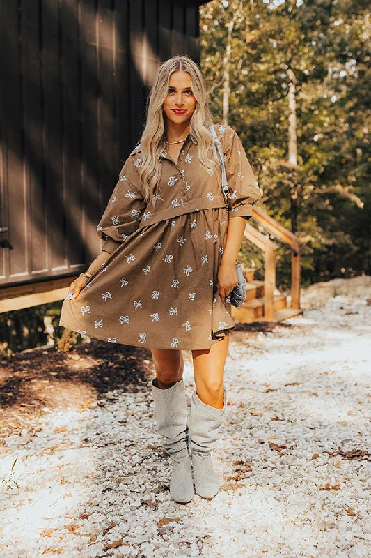 For The Love Of Bows Mini Dress in Mocha Elegant Women's 