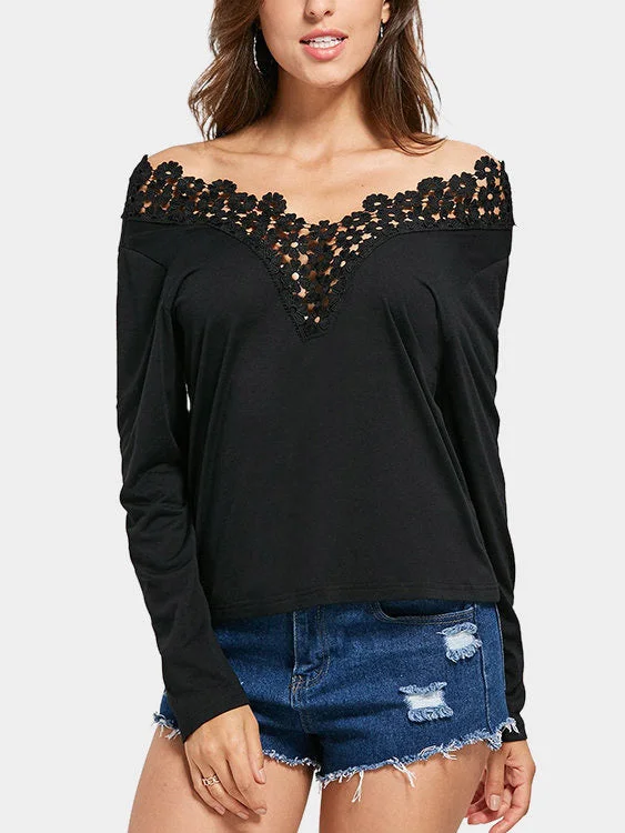 Custom Off The Shoulder Lace Lace-Up Long Sleeve Black Top Dynamic Women's High - energy