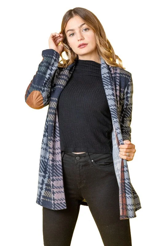 Multi Color Plaid Elbow Patch Cardigan Stylish Women's Neon