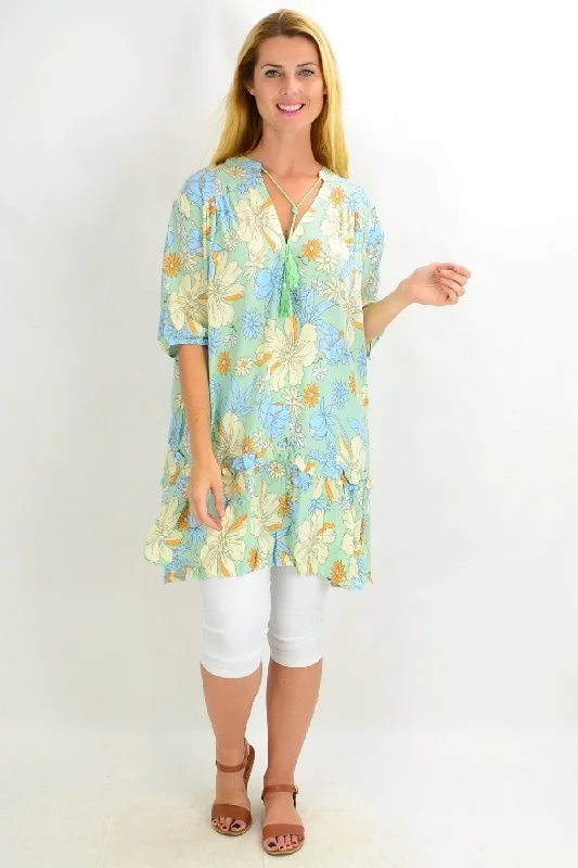 Hibiscus & Daisy Ruffle Tunic Top Elegant Women's Formal 