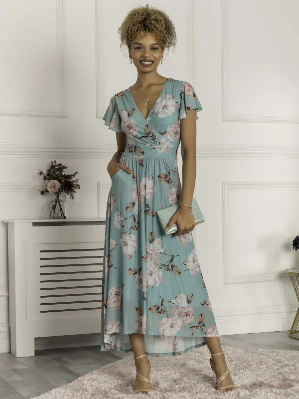 Piper Dip Hem Mesh Maxi Dress, Green Floral Laid - back Women's Style