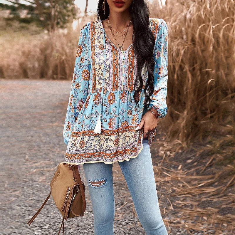 Fashion Flower Print V-Neck Long Sleeve Top Wholesale Womens Tops Stylish Women's Neon