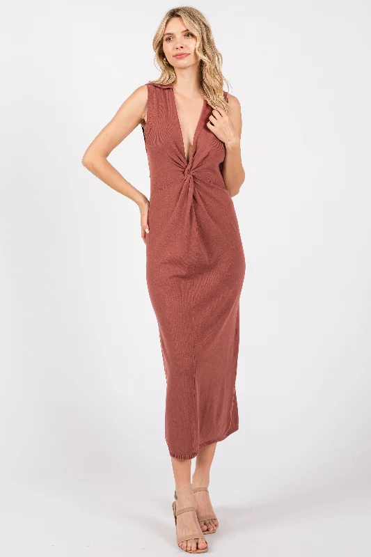 Brown Collared Sleeveless Twist Knit Midi Dress French