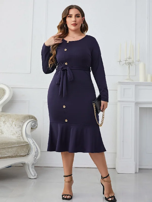 Plus Size Buttoned Round Neck Tie Belt Midi Dress Dynamic Women's Moto