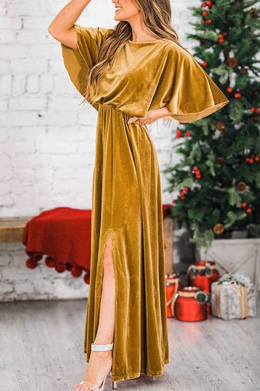 Velvet Crew Neck High Slit Midi Dress Unique Women's Upcycled