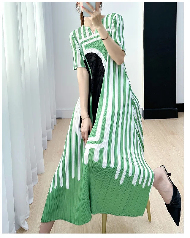 Miyake Pleated Striped A-Line Dress Classic Women's Tweed