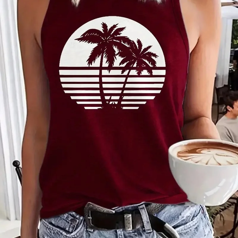 Casual Coconut Tree Print Crew Neck Sleeveless T-Shirt Wholesale Womens Tops Laid - back Women's Vibe