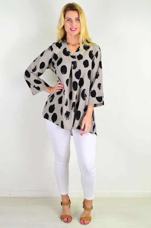 Black Dot Pocket Linen Cotton Tunic Top Classic Women's Tweed