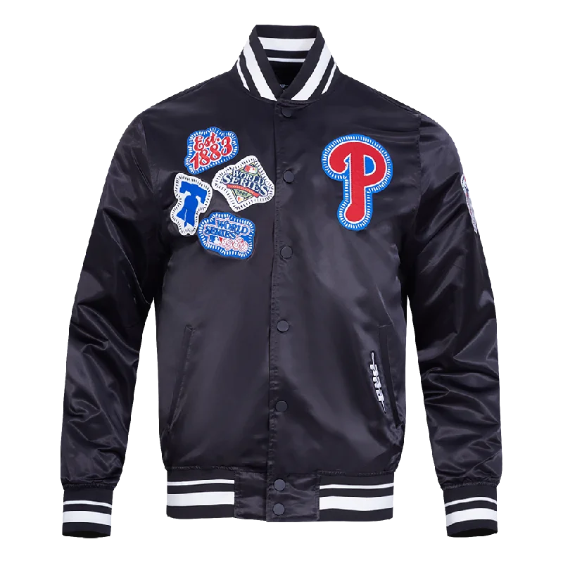 MLB PHILADELPHIA PHILLIES DIY PICK STITCH MEN'S RIB SATIN JACKET (BLACK) Refined Women's MLB PHILADELPHIA PHILLIES DIY PICK STITCH MEN'S RIB SATIN JACKET (BLACK) Refined Women's