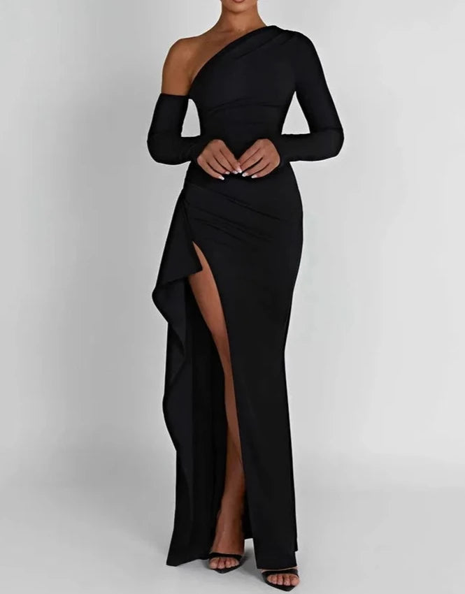 A&A Luxe Oblique Shoulder Thigh High Split Maxi Dress Preppy Women's College