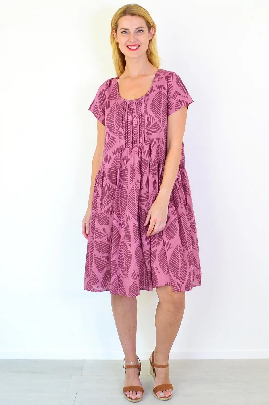Dusty Pink Leaf Print Peasant Tunic Dress Bohemian Women's Free