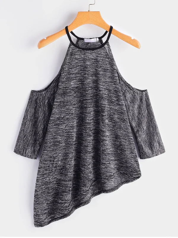 Custom Cold Shoulder Plain Half Sleeve Irregular Hem Black Top British Gentlewoman Style