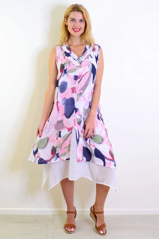 Abstract Pink Tones Sleeveless Tunic Dress Bohemian Women's Free