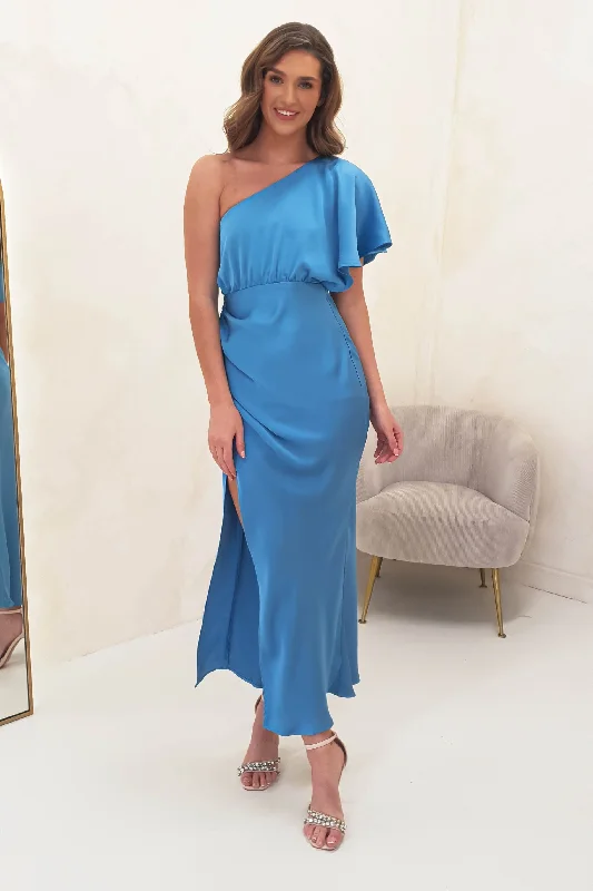 Jenna Soft Satin One Shoulder Maxi | Blue Refined Women's Hand - crafted