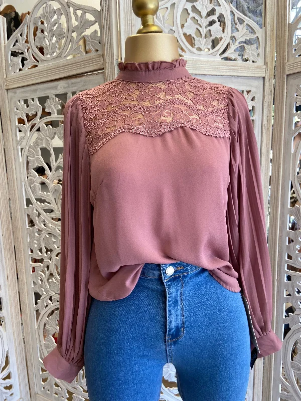 Mauve High Neck Lace Blouse Athletic Women's High - 
