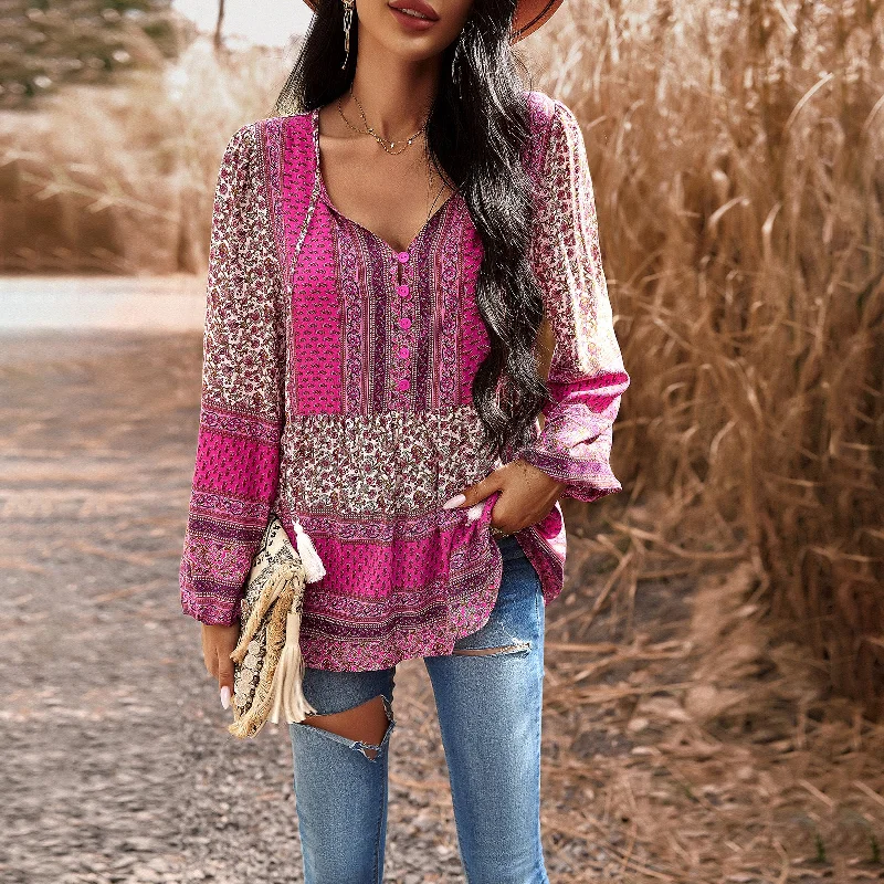 Casual Printed V-Neck Button Up Long Sleeve Top Wholesale Womens Tops Trendy Women's Oversized