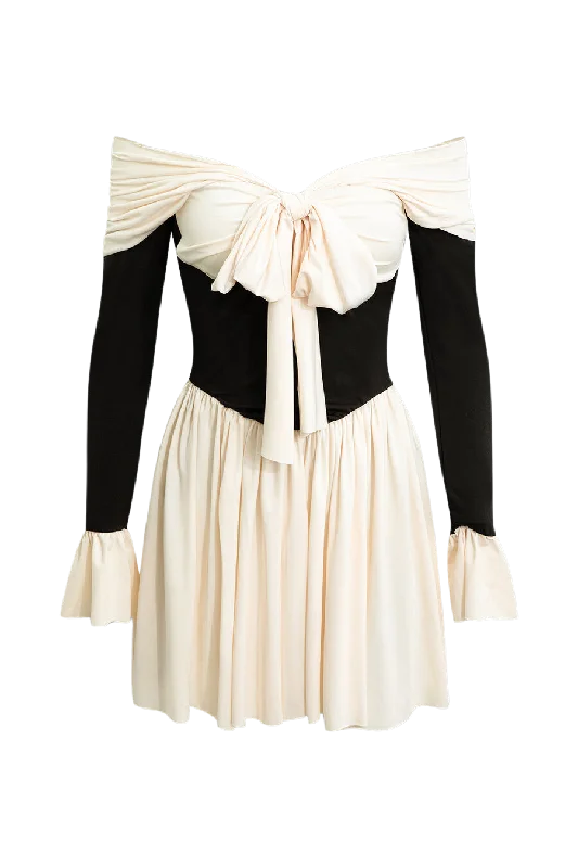 A&A Elegant Off The Shoulder Bow Tie Flared Sleeve Mini Dress Minimalist Women's Casual A&A Elegant Off The Shoulder Bow Tie Flared Sleeve Mini Dress Minimalist Women's Casual