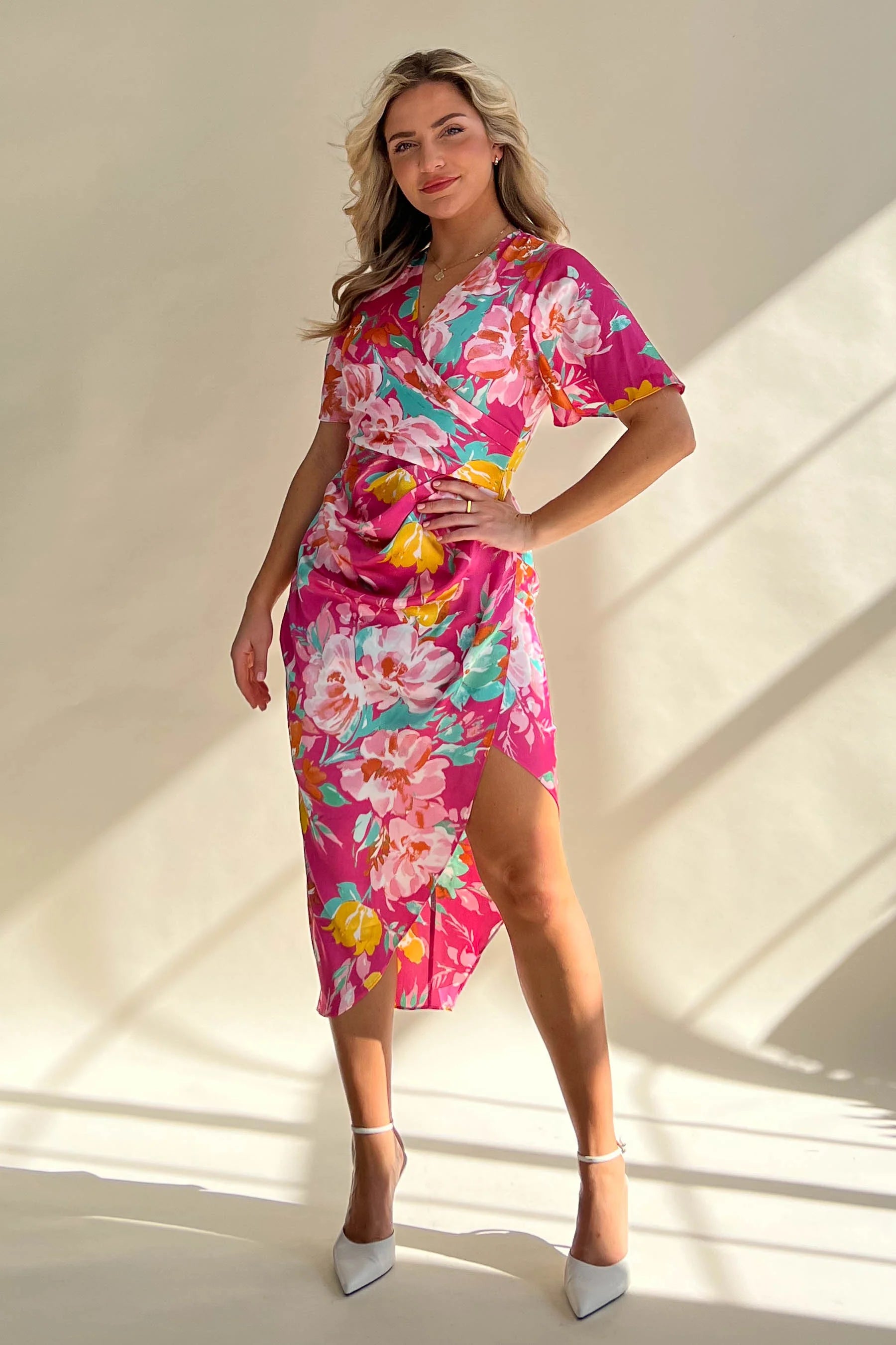 Girl in Mind Natasha Pink Floral Angel Sleeve Wrap Midi Dress Country