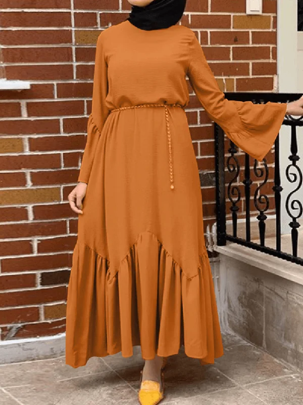 Women Solid Color Ruffle Long Sleeve Simple Kaftan Maxi Dresses Earthy Women's Hemp - based