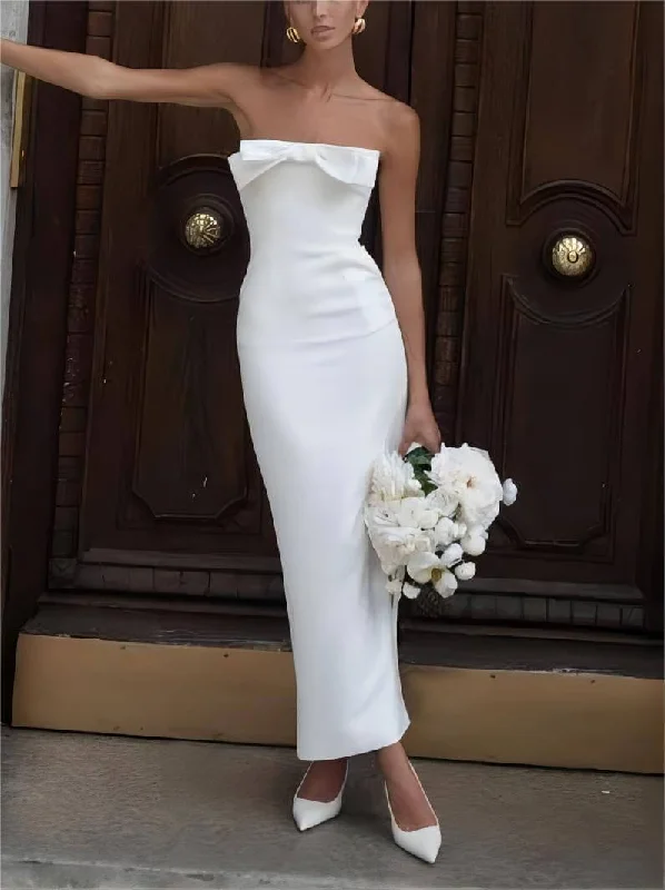 Bow Strapless Stylish Midi Dress Artistic Women's Hand - painted
